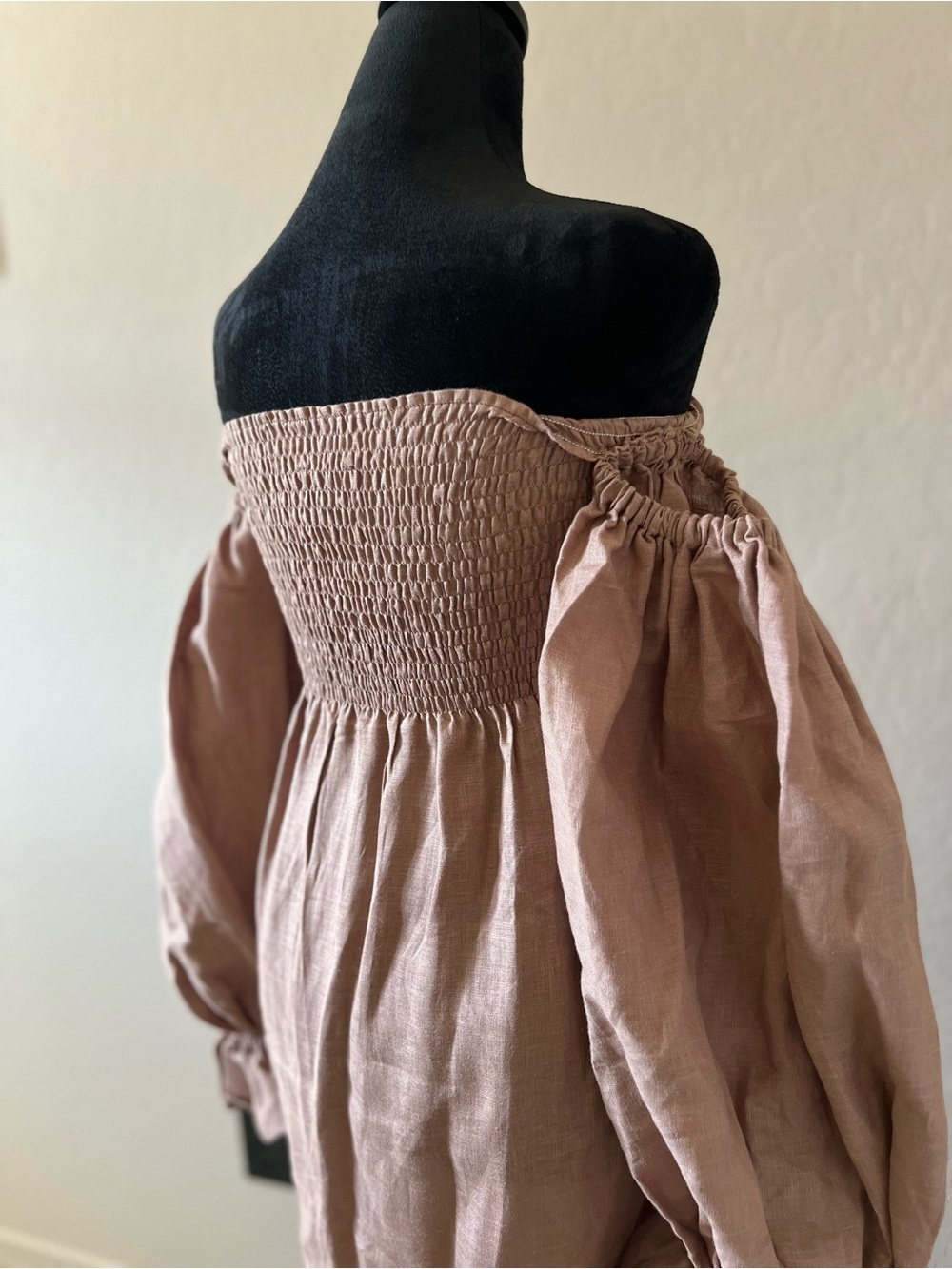 Sleeper Off-Shoulder Smocked Linen Midi Dress in Dusty Rose